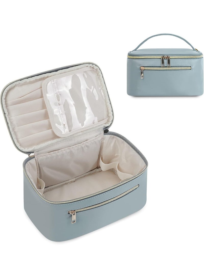 Travel Makeup Bag with Brush Compartment, Large Cosmetic Bags, PU Leather Makeup Case with Handle, Water-Resistant for Women, Greyish Blue (Patent Pending) - Image 1